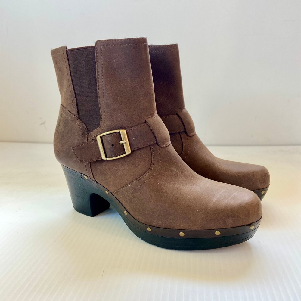 Clarks Brown Leather Studded Buckle Heeled Ankle Boots Womens 8